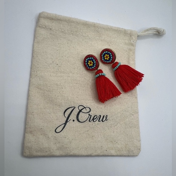 J. Crew Red Beaded Tassel Stud Earrings and Dust Bag. - Picture 3 of 9